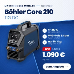 MASCHINE DES MONATS | Böhler CORE 210 TIG | Mobile WIG/TIG DC Inverter-Schweißanlage | 210 A | HF-Zündung | Pulsfunktion | 115-230 V | inkl. BT26 Brenner-Set