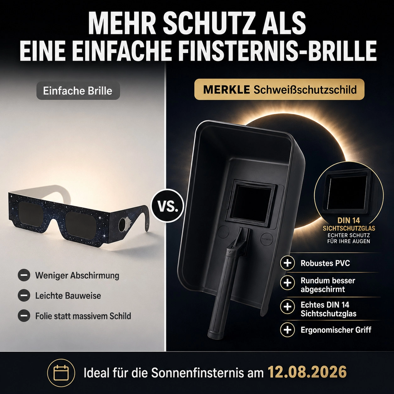 Vergleich: einfache Finsternis-Brille gegenüber MERKLE Schweißschutzschild mit DIN 14 Sichtschutzglas
