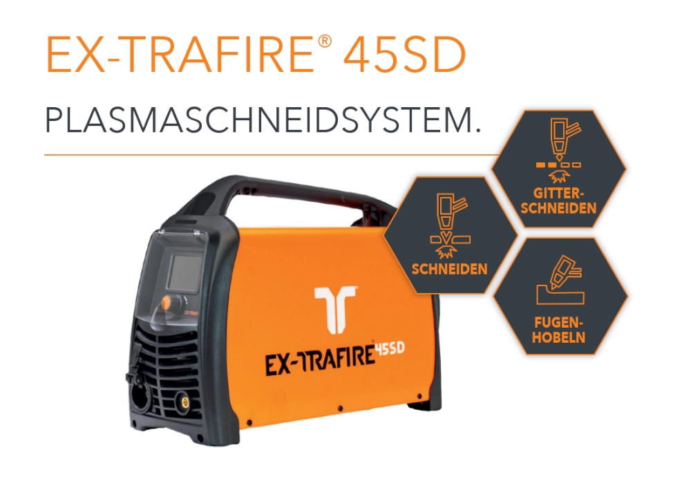 Infografik vom Schweißfachhandel Merkle München zu der Plasmaschneidanlage Thermacut Ex-Trafire 45SD
