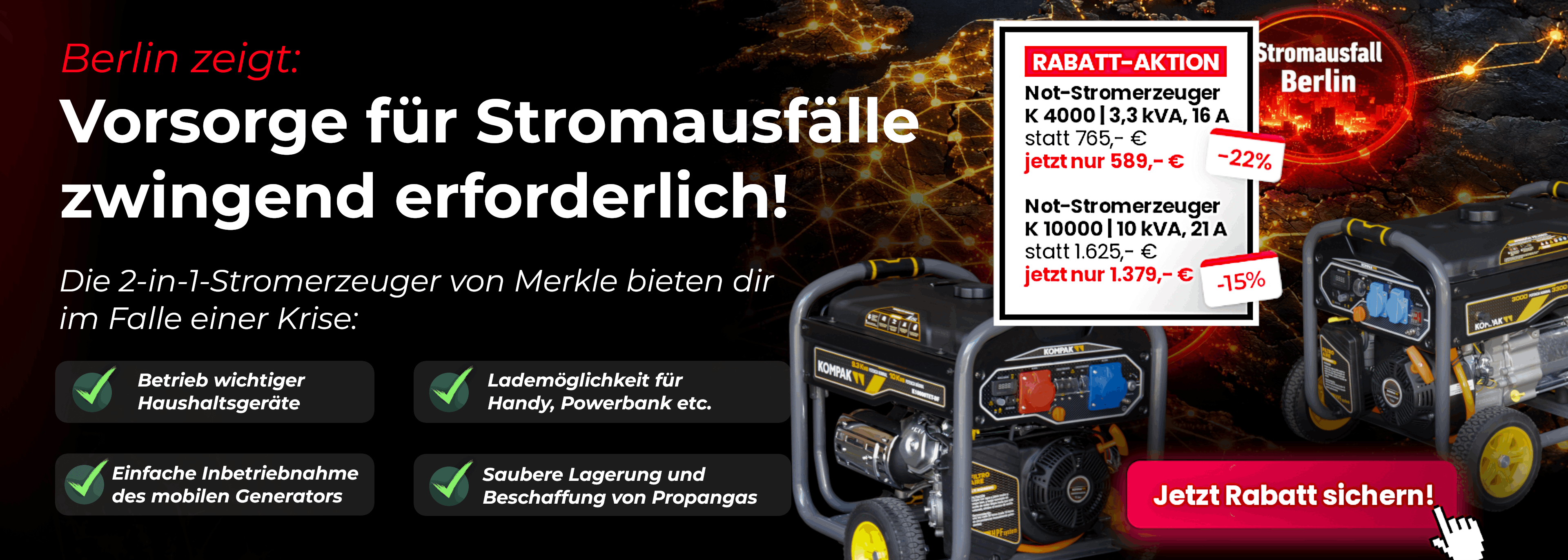 Merkle Propan und Benzin Stromgenerator als Krisenvorsorge